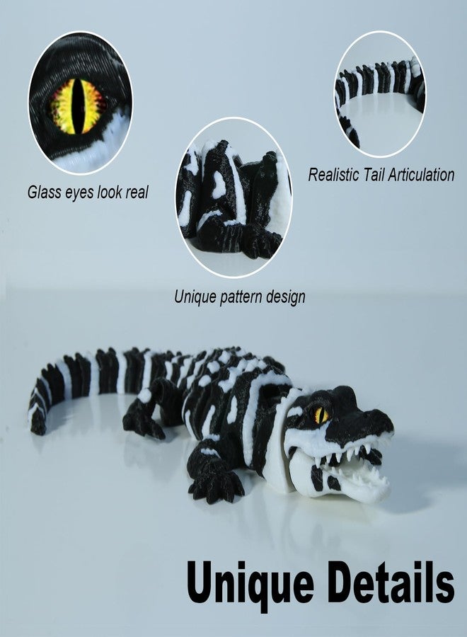 coonoe 3D Printed Articulated Crocodile - Opening Mouth and Glass Eyes - Flexible Joint Animal Models - Surprise Gifts for Fidget Enthusiasts - Made from PLA - Black and White - Image 2